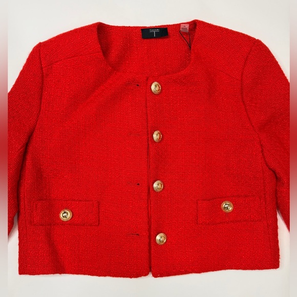 Cropped Red Blazer Boucle Crop Short Jacket Chic Ruby Rose Tweed Suit Notch Crew - Picture 7 of 17